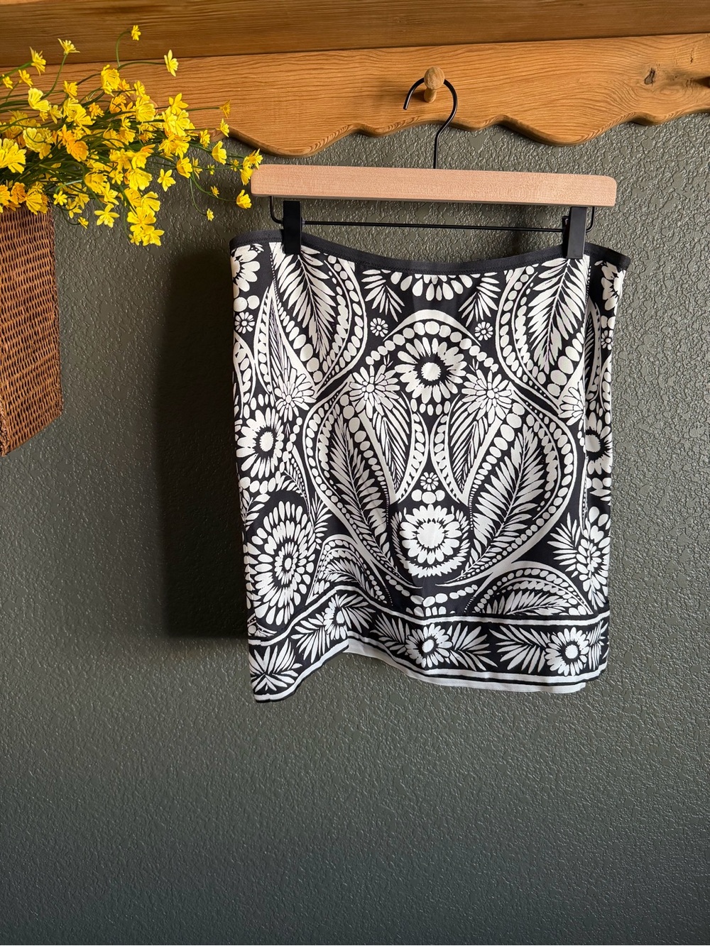 Banana Republic Silk Black & White Mini Skirt with Floral Medallion Print